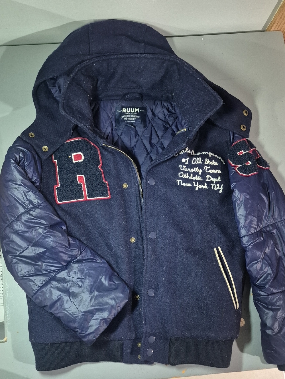 Ruum Navy Quilted-Sleeve Varsity Jacket with Red Patch